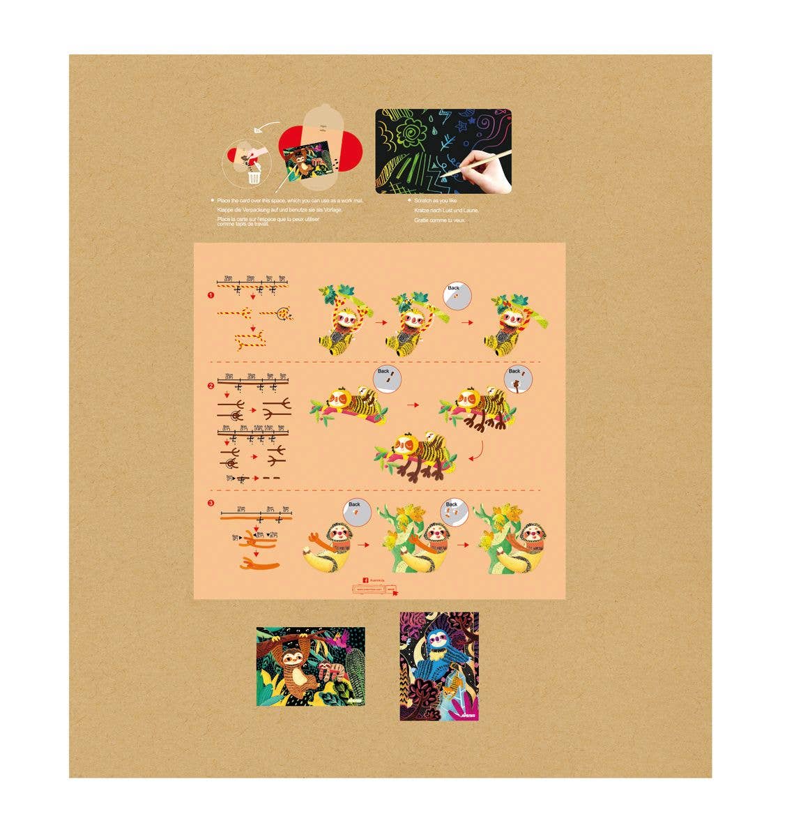 Step-by-step illustrated instructions on tan paper guide kids in creating jungle sloth scratch art with finished samples and photos—an engaging activity set for creative fun: Scratch Art with Stem SLOTHS.