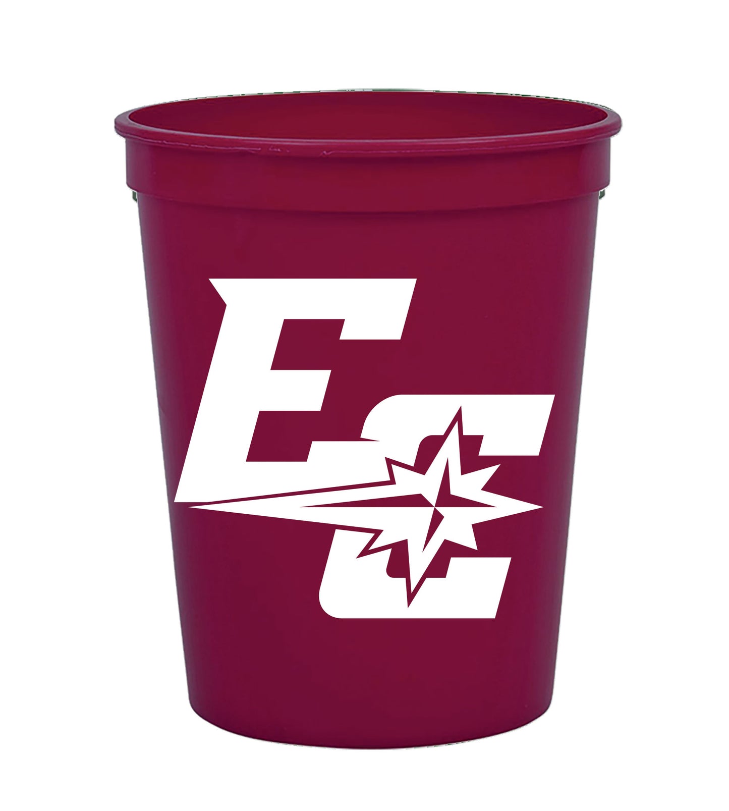 A 16oz maroon plastic stadium cup featuring a bold white EC logo and a stylized starburst graphic on the front.