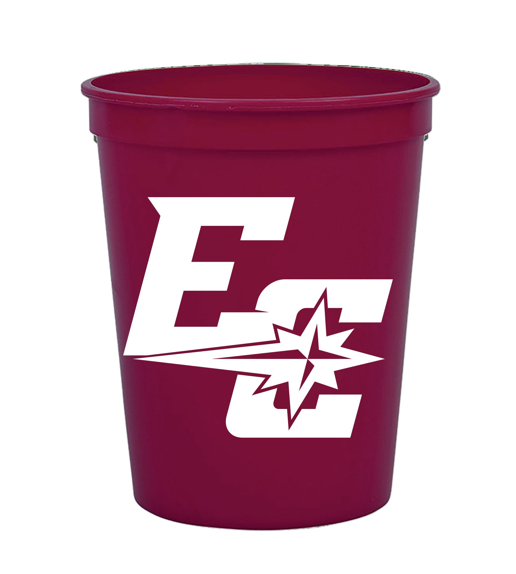 A 16oz maroon plastic stadium cup featuring a bold white EC logo and a stylized starburst graphic on the front.