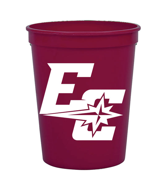 A 16oz maroon plastic stadium cup featuring a bold white EC logo and a stylized starburst graphic on the front.