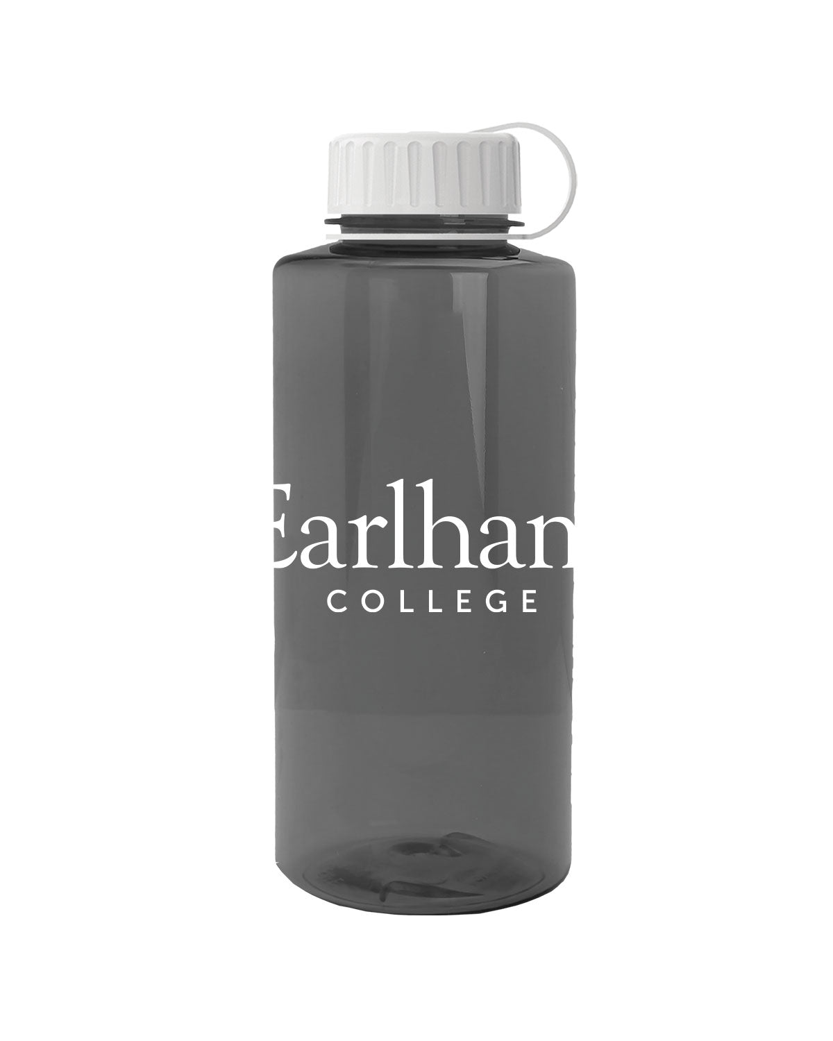 A dark translucent Mountaineer Water Bottle, 1L, with a white screw cap and Earlham COLLEGE printed in large white letters on its side.