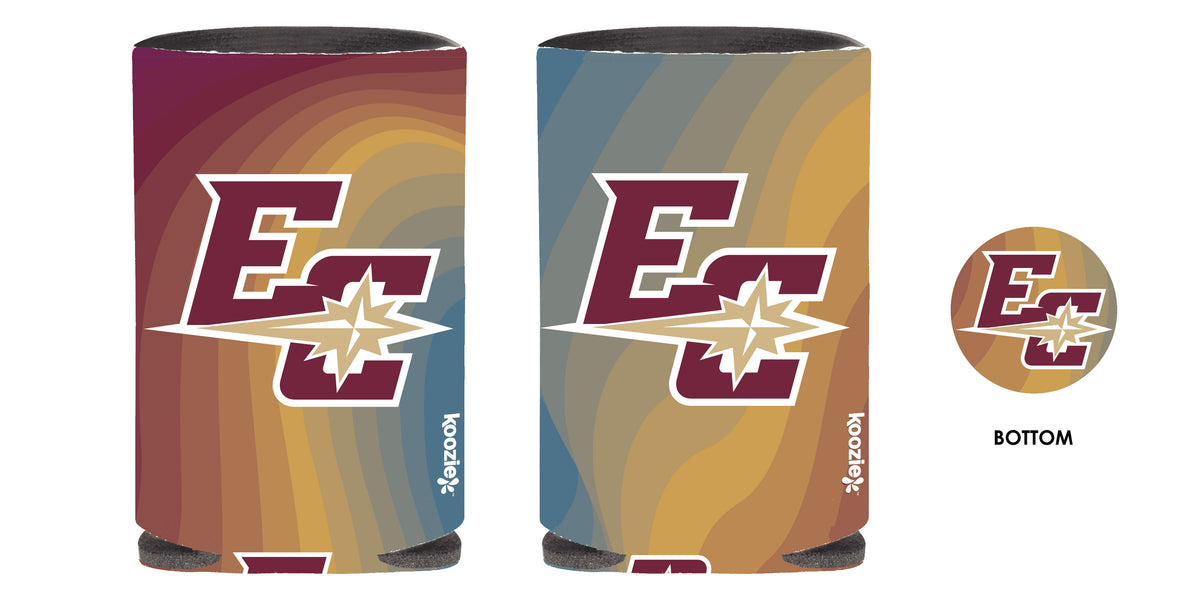 Two Koozie Can Koolers featuring the letters EC and a starburst logo on wavy maroon, blue, gold, and beige backgrounds. A small circle displays the same logo design on the bottom of each koozie.