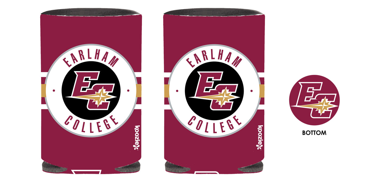 Maroon Koozie Can Kooler featuring the Earlham College logo, "Earlham College" text, and a star. The logo appears on both sides as well as on the bottom of the Koozie Can Kooler.