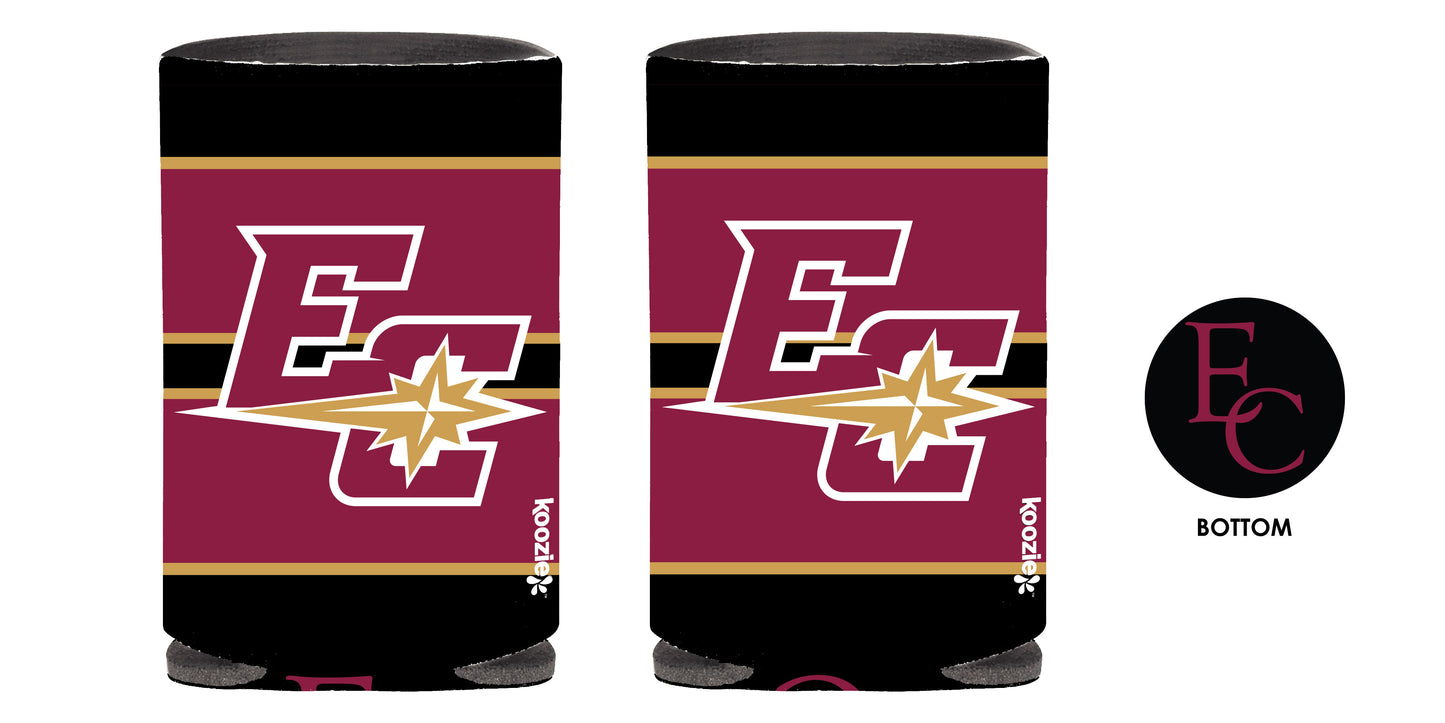 Two maroon Koozie Can Koolers featuring a stylized EC and star logo in gold and white; a black circle with EC and the word "BOTTOM" is displayed on the right.