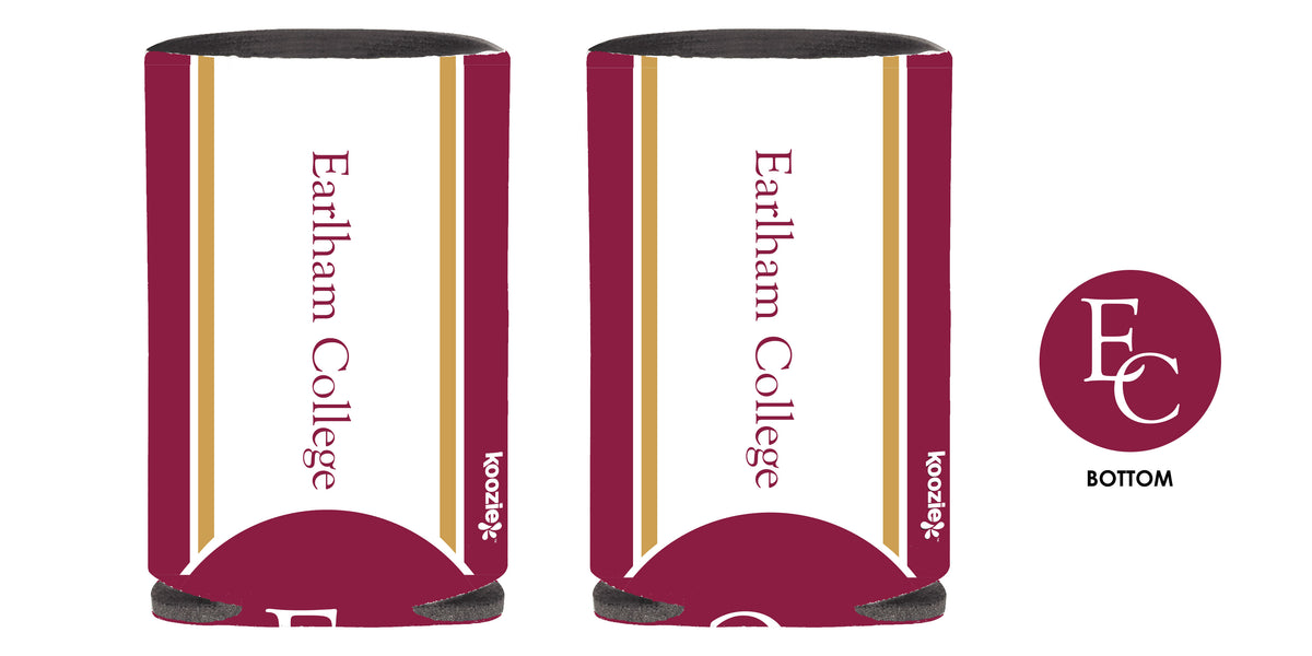Two maroon and white Koozie Can Koolers featuring gold stripes, "Earlham College" text, the Koozie logo, and a circular EC monogram with "BOTTOM" also displayed.