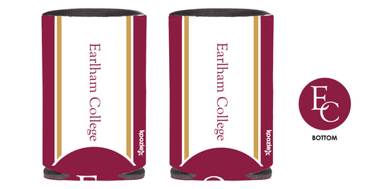 Two maroon and white Koozie Can Koolers featuring gold stripes, "Earlham College" text, the Koozie logo, and a circular EC monogram with "BOTTOM" also displayed.