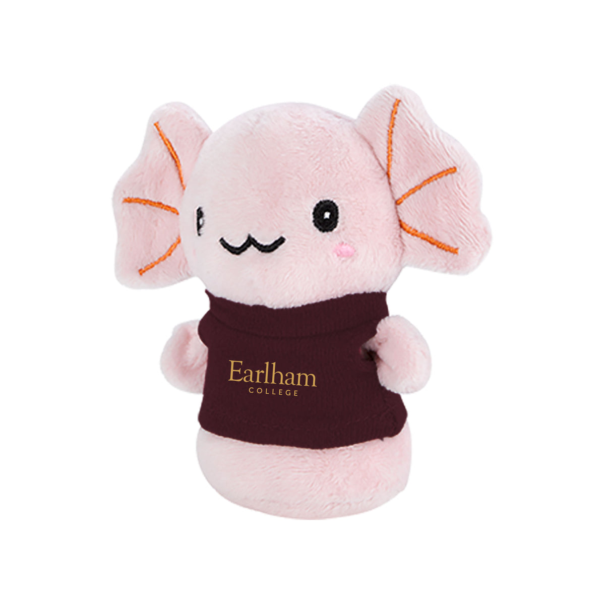 A Plush Shorties pink axolotl toy wearing a maroon sweater with “Earlham College” printed in yellow on the front, displayed against a plain white background.