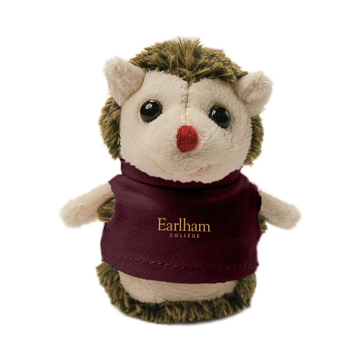 A Plush Shorties hedgehog toy sits upright on a white background, wearing a maroon shirt with Earlham College printed on the front.