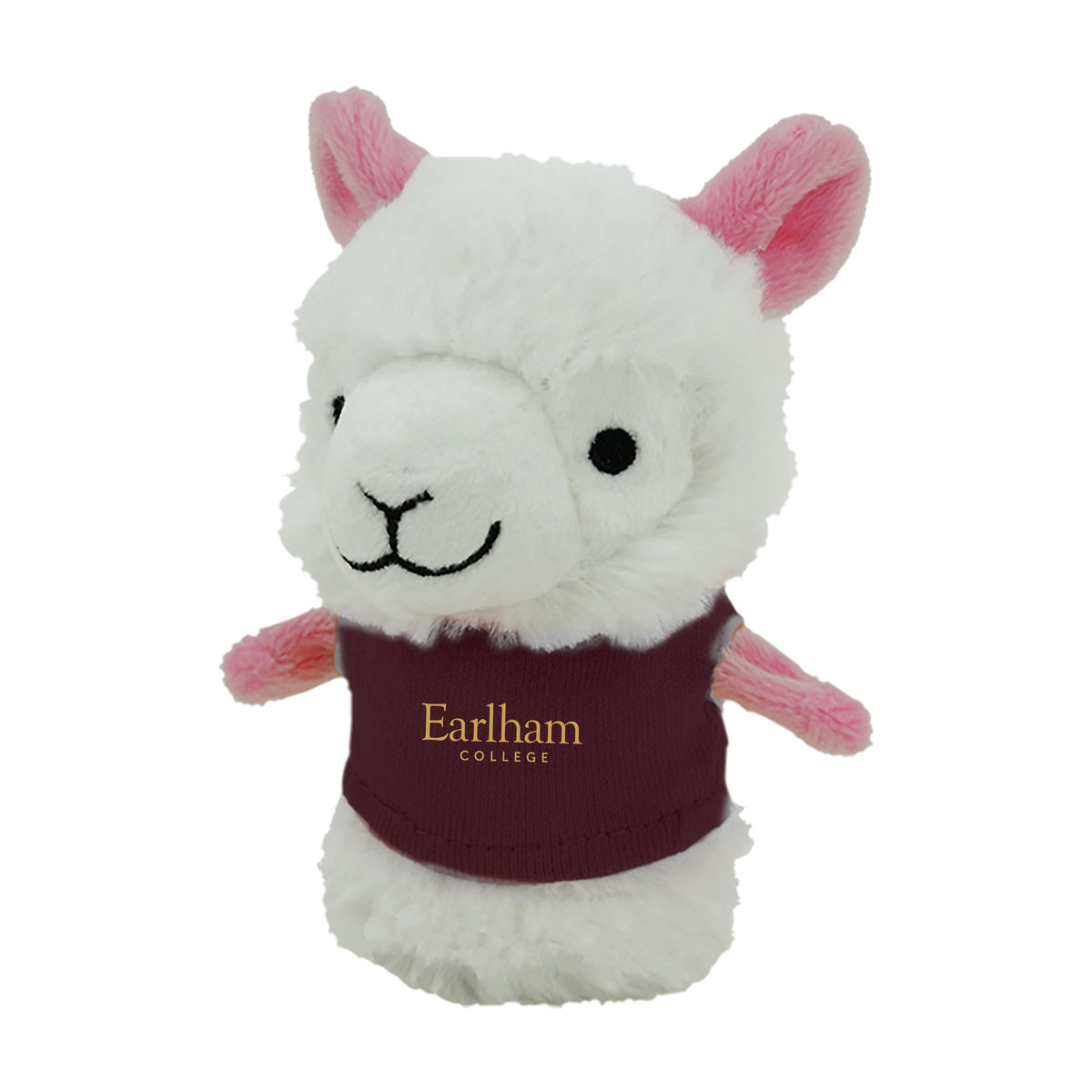 Plush Shorties white and pink llama toy standing upright with a happy expression, dressed in a maroon shirt featuring yellow “Earlham College” text, shown against a white background.