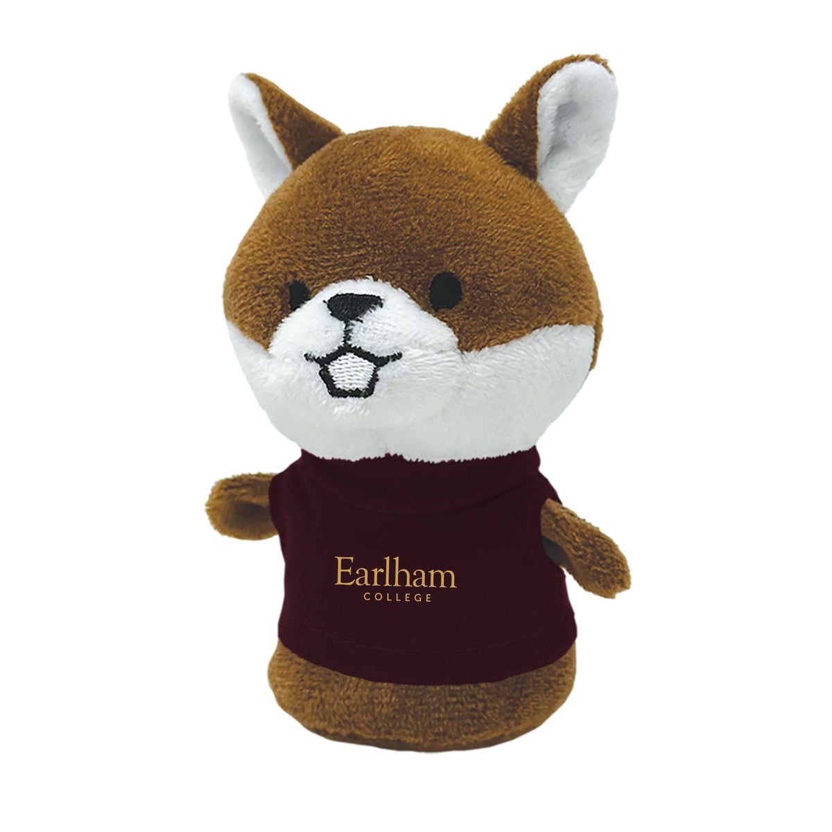 A Plush Shorties fox with brown and white fur wears a maroon shirt featuring “Earlham College” in gold letters. The fox has upright ears, a small black nose, and a cheerful smile.