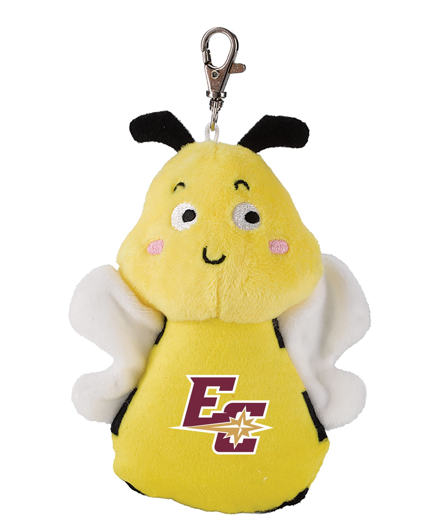 Plush Bag Charms bee keychain featuring white wings, black antennae, a smiling face, and an EC logo with a gold star on the front. A metal clasp is attached at the top for easy attachment.