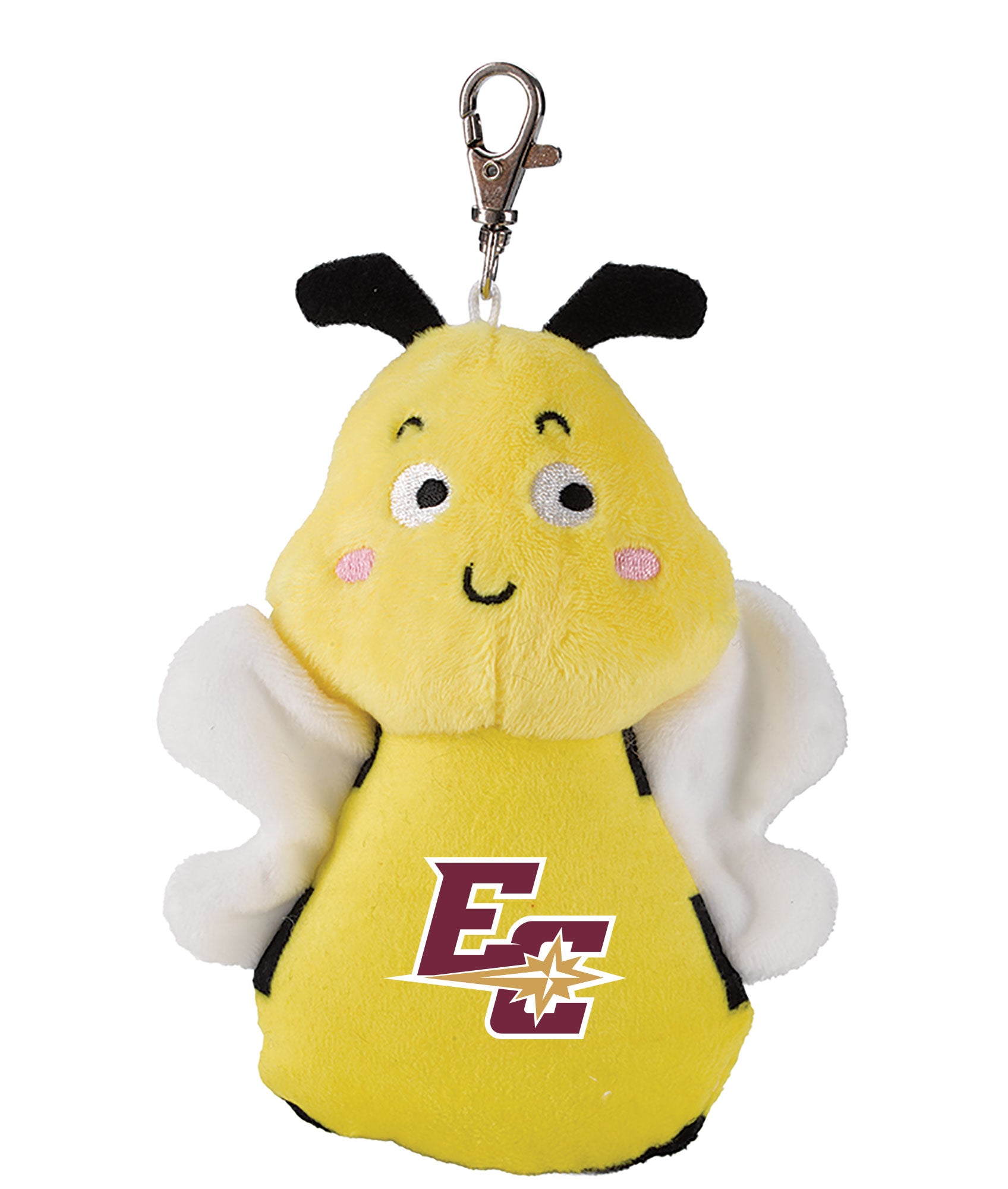 Plush Bag Charms bee keychain featuring white wings, black antennae, a smiling face, and an EC logo with a gold star on the front. A metal clasp is attached at the top for easy attachment.