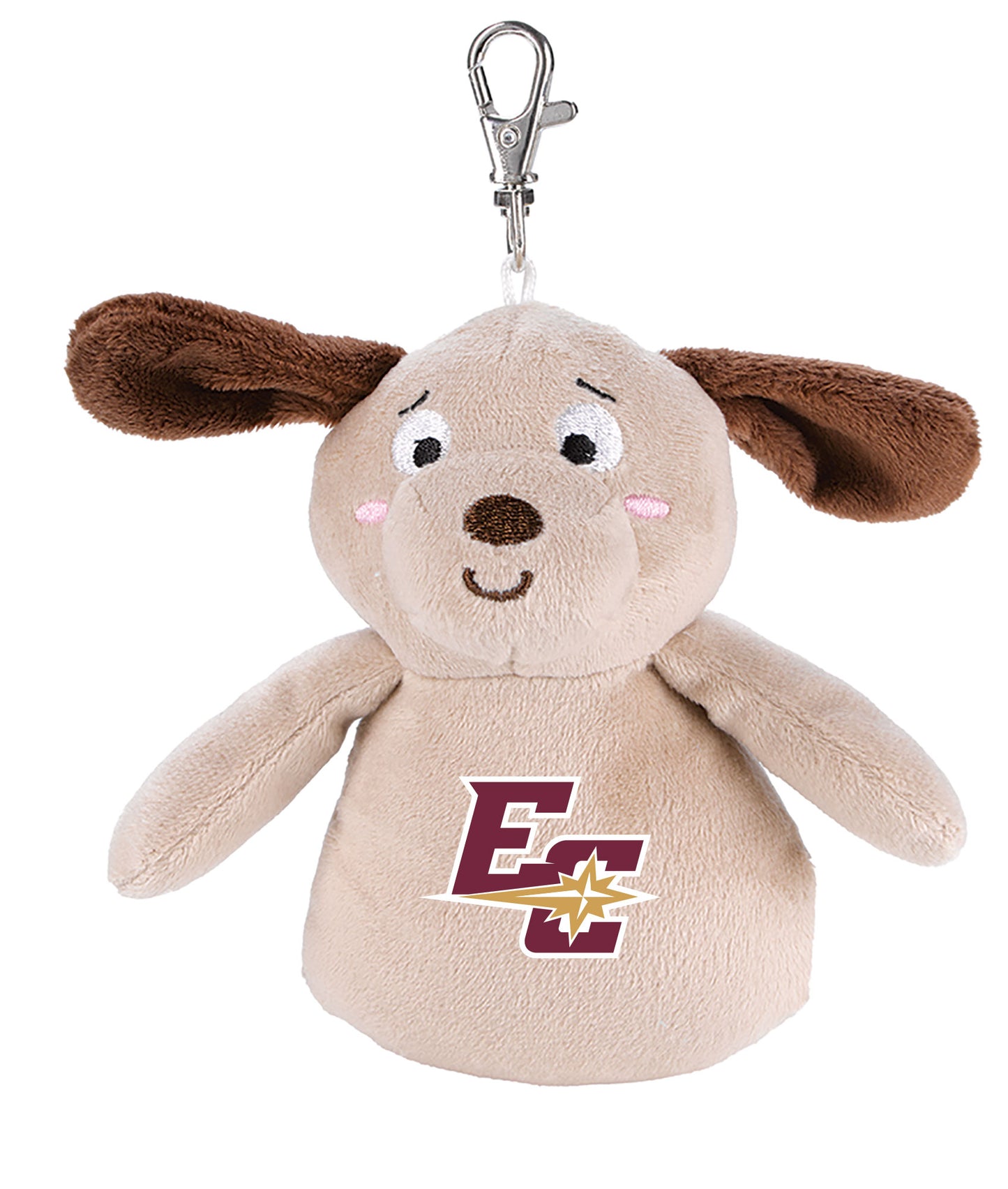 Plush Bag Charms featuring floppy brown ears, a smiling face with rosy cheeks, and the EC star logo printed on its belly. Includes a silver clip on top for easy hanging.