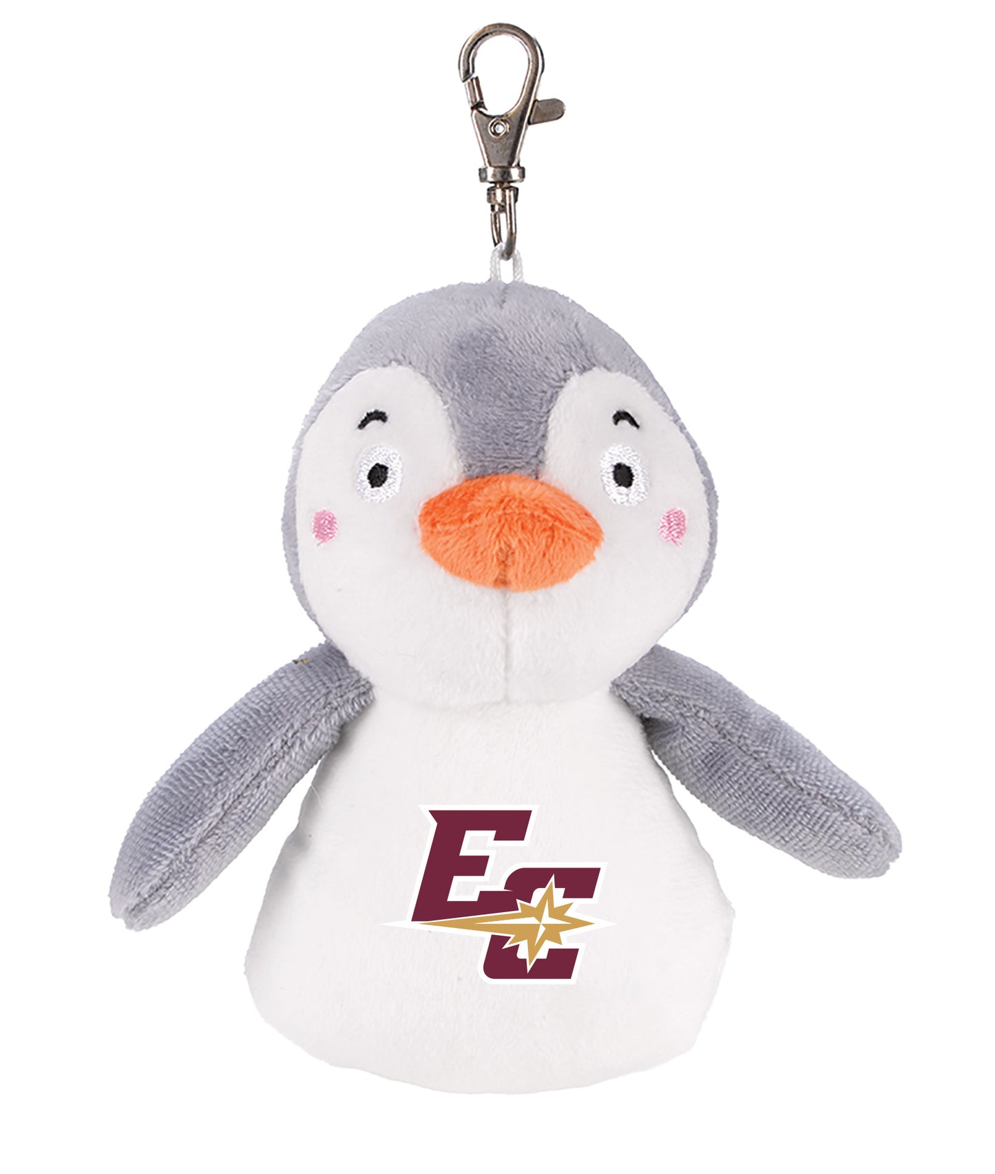 Plush Bag Charms keychain featuring a plush penguin with gray wings, a white belly, and an orange beak, adorned with a maroon EC logo and yellow star on its front.