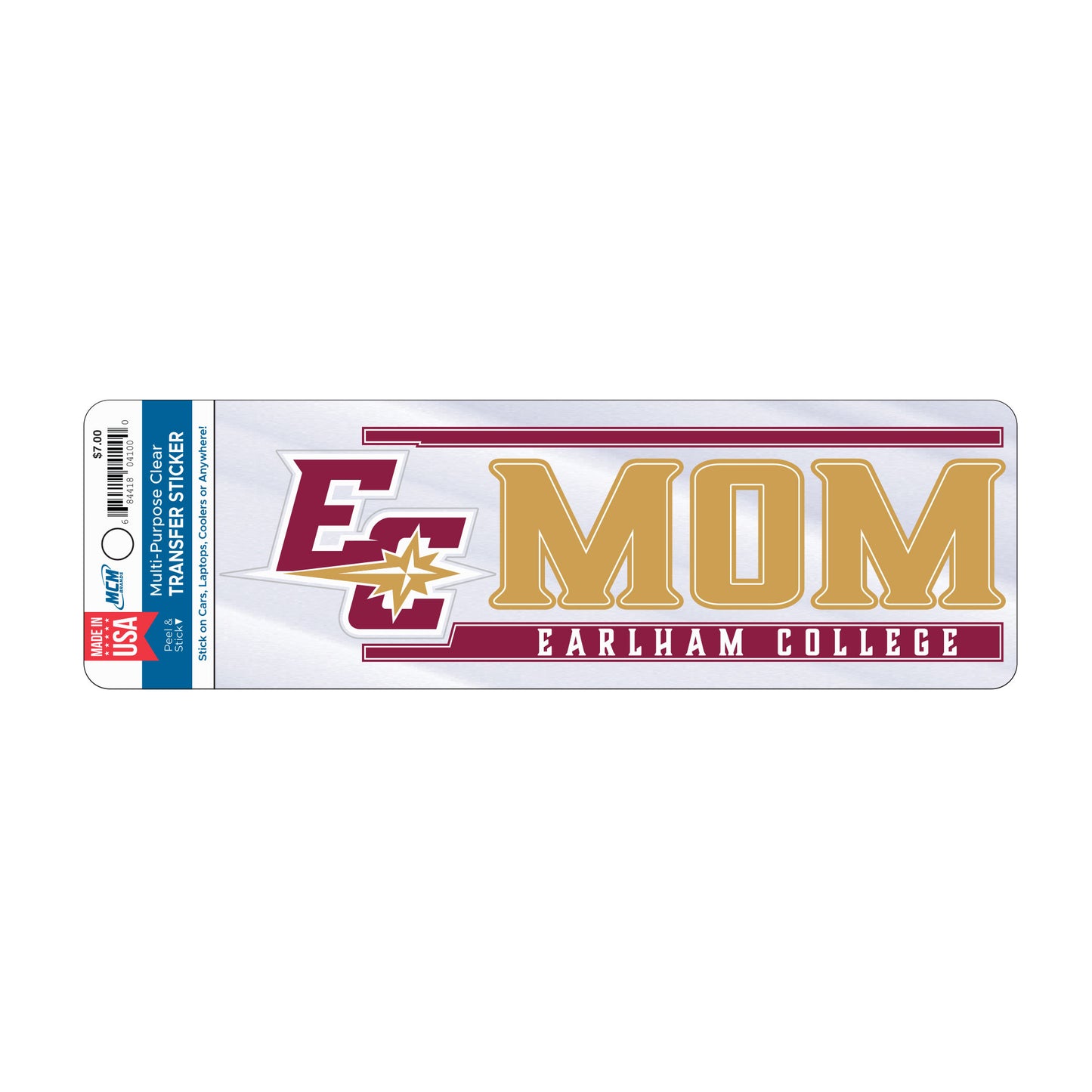 A rectangular Clear Transfer Decal featuring maroon and gold "EC Mom" text, a college logo with a star, and "Earlham College" at the bottom, with a blue and white product label on the left side.