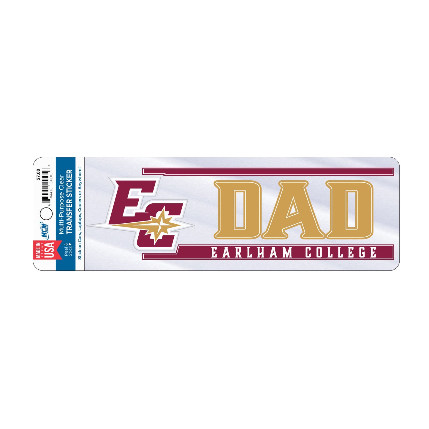 A Clear Transfer Decal featuring the Earlham College logo, the word DAD in large gold letters, and Earlham College below, set on a white background.