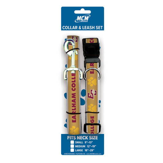 Earham College Dog Collar and Leash Set in yellow features blue paw prints, comes in retail packaging, and displays size options for small, medium, and large dogs at the bottom.