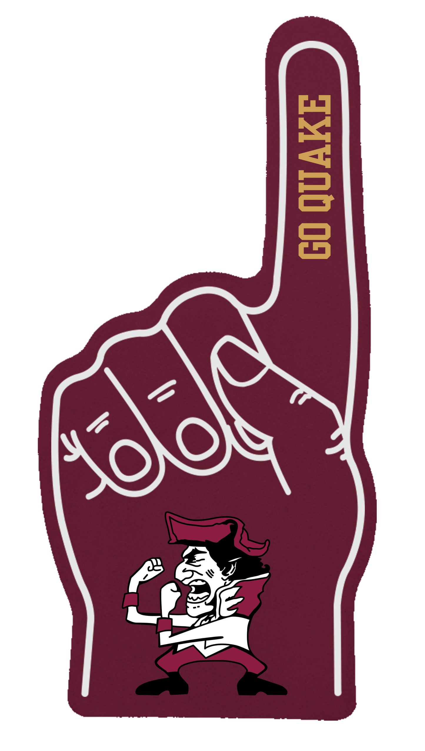 The Go Quake Foam Finger is maroon in color, features the words "GO QUAKE," and displays a cartoon mascot of a flexing colonial man at the base.