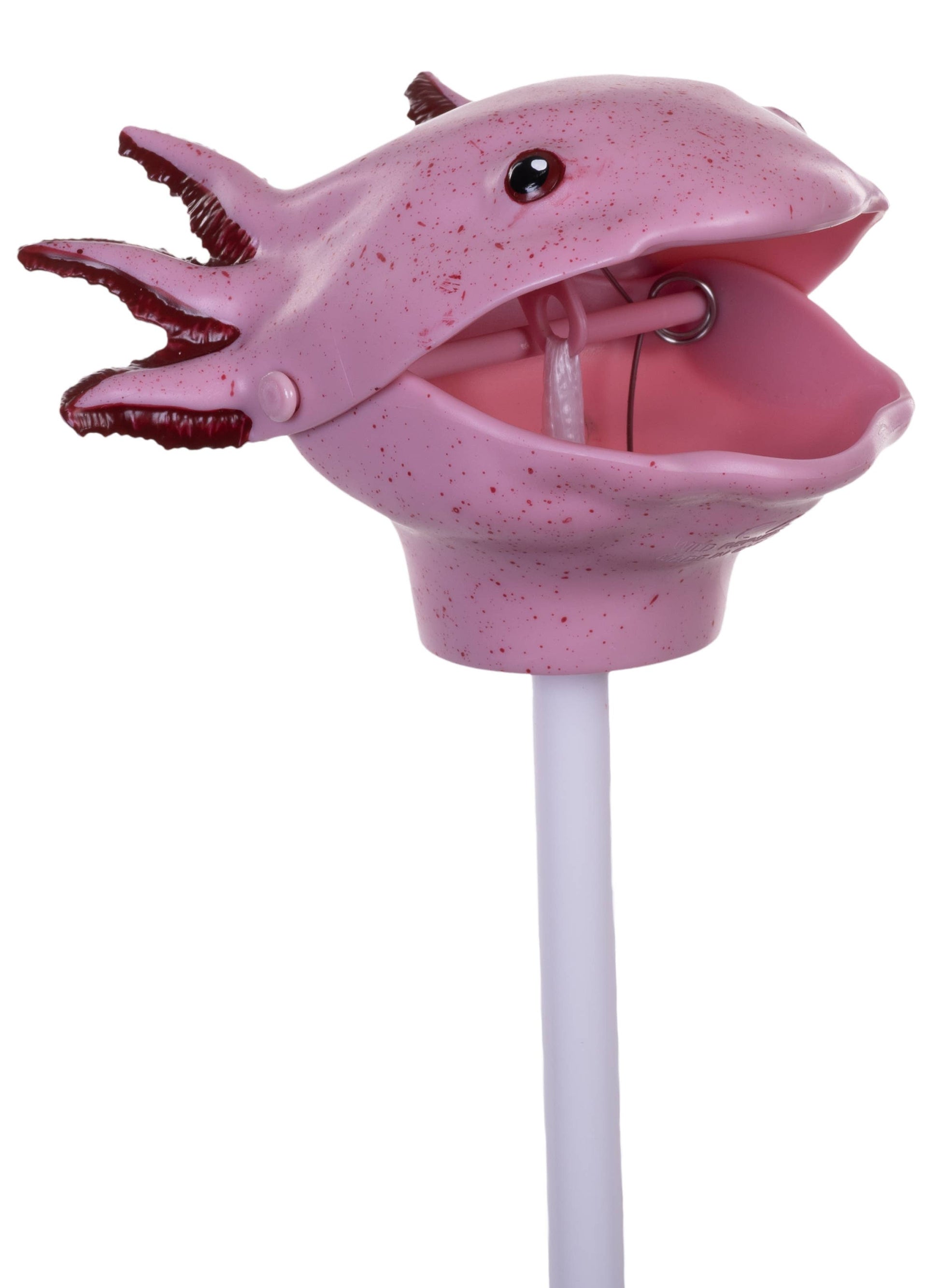 The Pincher Axolotl is a fun nature-themed toy from Wild Republic, featuring a pink axolotl-shaped puppet head with dark spots and an open mouth, attached to a white stick.