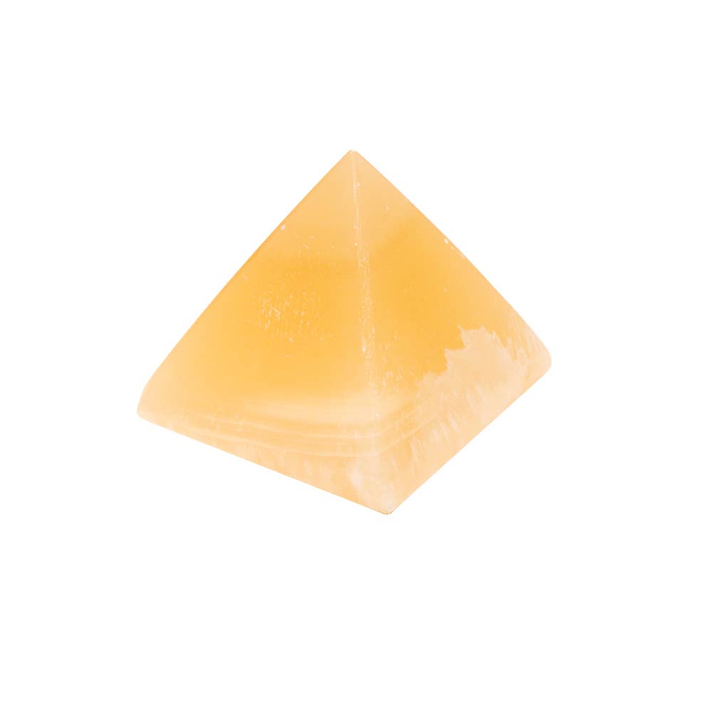 Small 2.25″ Alabaster Pyramid, handmade in Egypt from fine alabaster with a yellow hue, smooth surface, and slightly translucent appearance, shown against a plain white background.