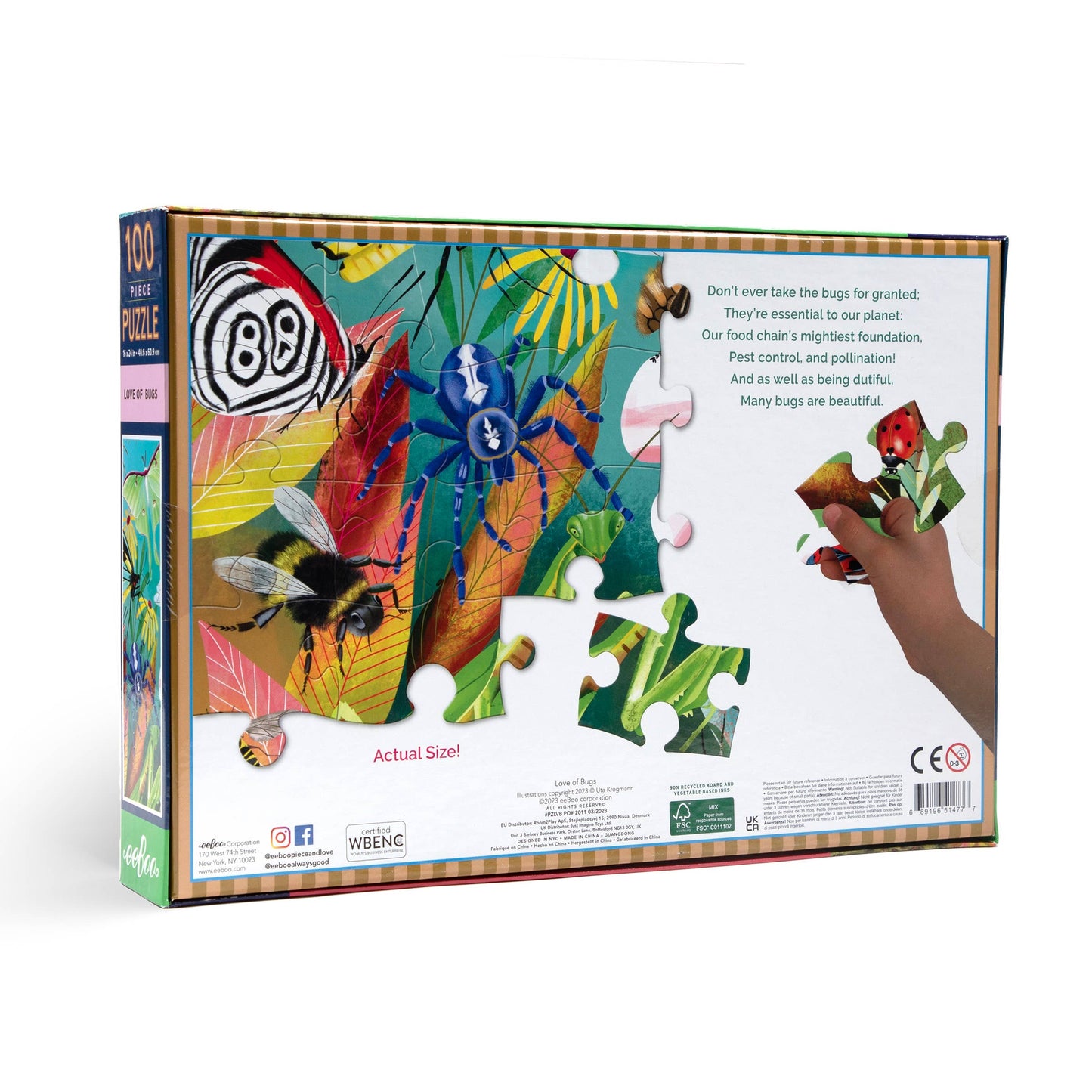 The back of the Love of Bugs 100 Piece Puzzle box showcases colorful bug and plant illustrations, a hand with a puzzle piece, and text highlighting bugs’ importance in this fun, educational jigsaw.