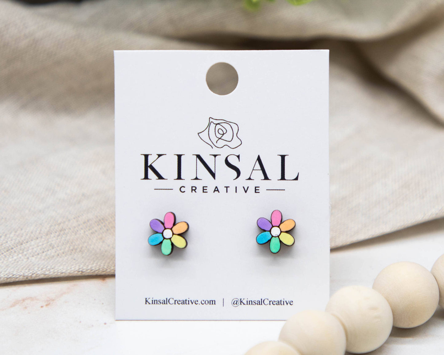 Rainbow Daisy Wood Stud Earrings