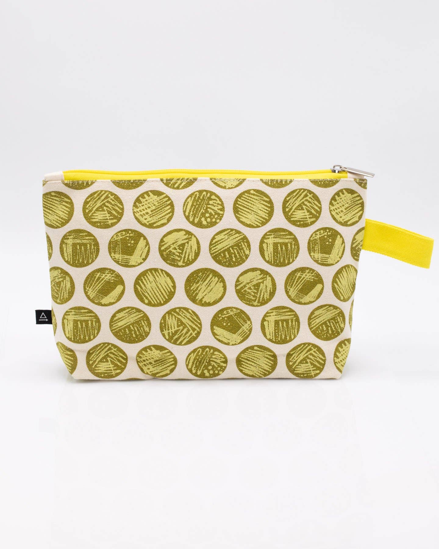 The Petri Dish Streaking Pencil Bag is a small zip pouch with a yellow strap, featuring green and yellow circles on cream fabric. With a yellow zipper, it stands upright—a perfect microbiology gift for any lab enthusiast.