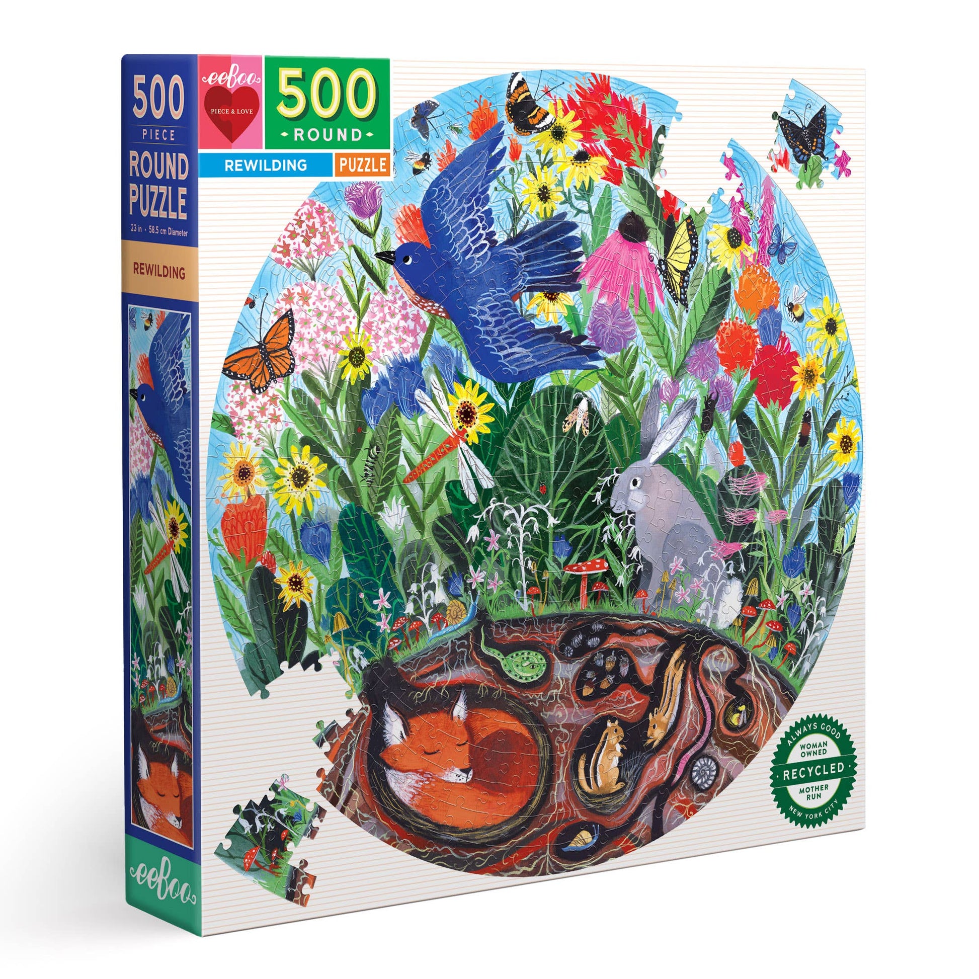 The Rewilding 500 Piece Puzzle is a colorful, round jigsaw by eeBoo featuring garden animals—blue bird, rabbit, butterflies, flowers above ground, and a fox below—a beautifully sustainable puzzle perfect for nature lovers.