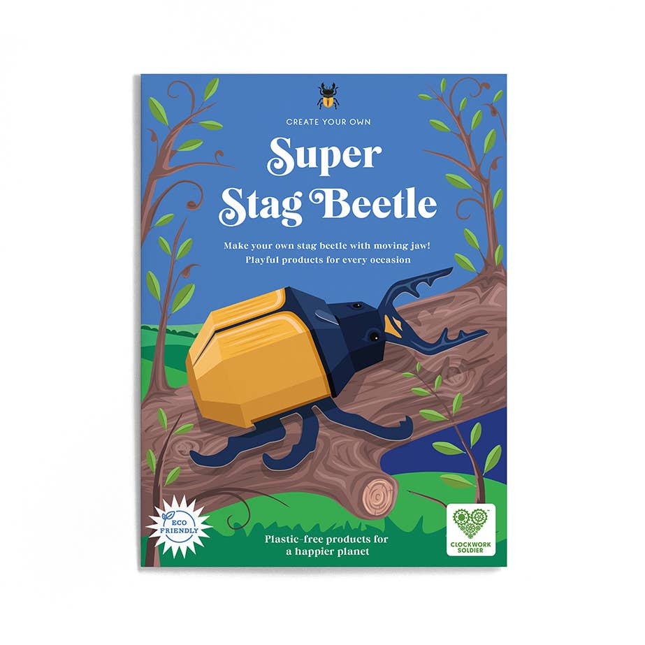 Create Your Own Super Stag Beetle for Kids features illustrated packaging with a large yellow and blue beetle on a tree branch, surrounded by plants and sky. The box highlights this plastic-free, educational toy’s eco-friendly design.
