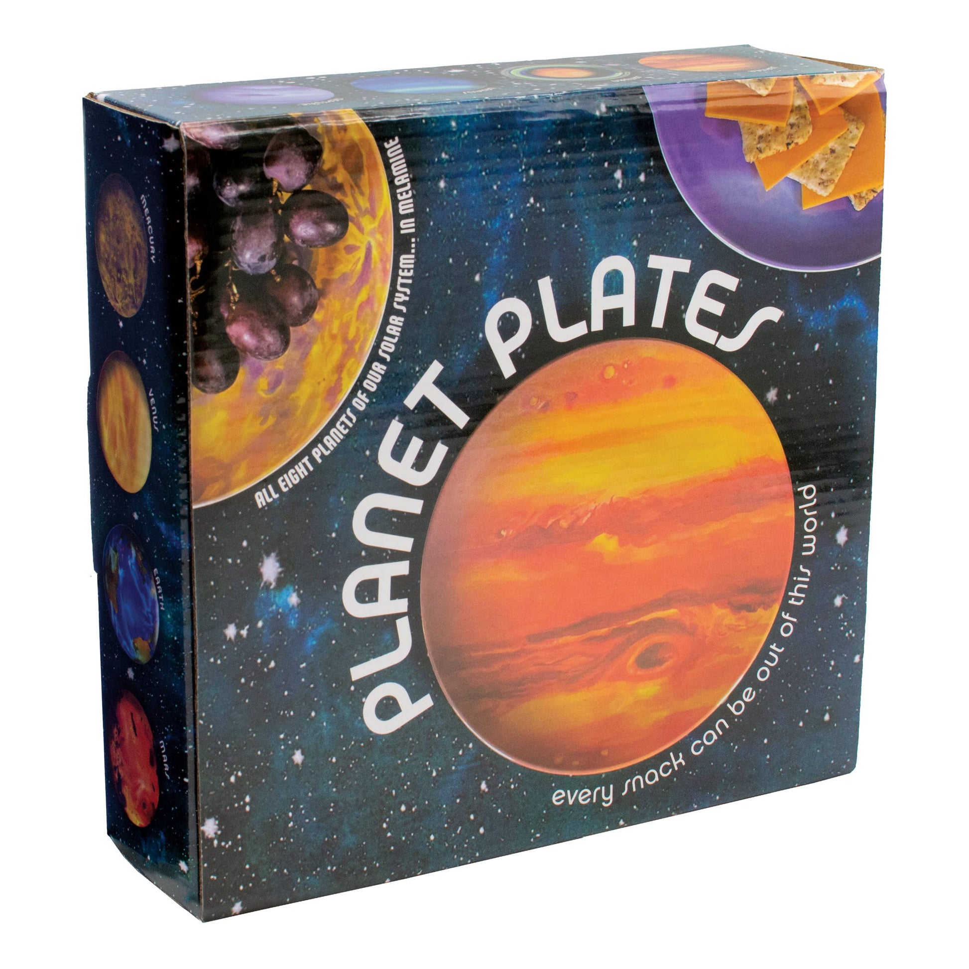 A vibrant Planet Plates box displays melamine plates featuring planets, grapes, and crackers on a solar system-themed backdrop with the tagline "every snack can be out of this world.