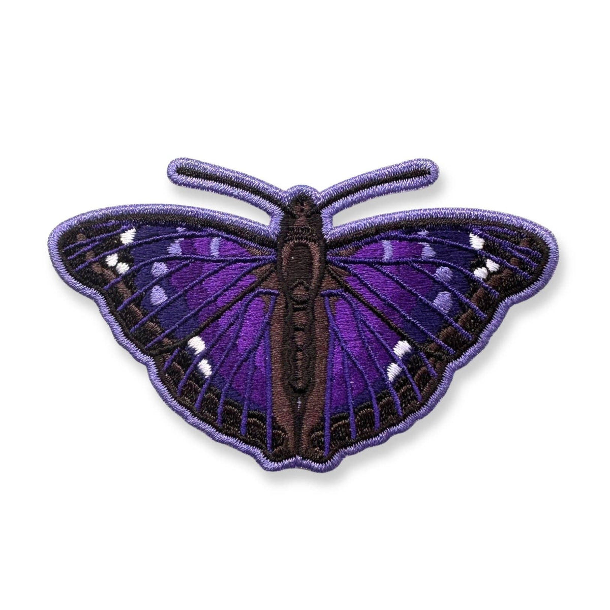 Agathina Emperor Butterfly Iron-On Embroidered Patch featuring dark purple and black wings with white spots.