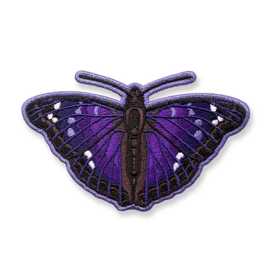Agathina Emperor Butterfly Iron-On Embroidered Patch featuring dark purple and black wings with white spots.