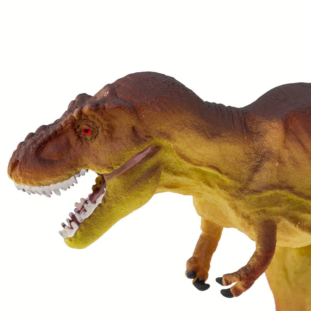 A close-up of the Tyrannosaurus Rex Kids' Figurine Toy, a brown and yellow plastic model of the renowned theropod dinosaur, features its mouth open to display sharp teeth and small arms, set against a white background.