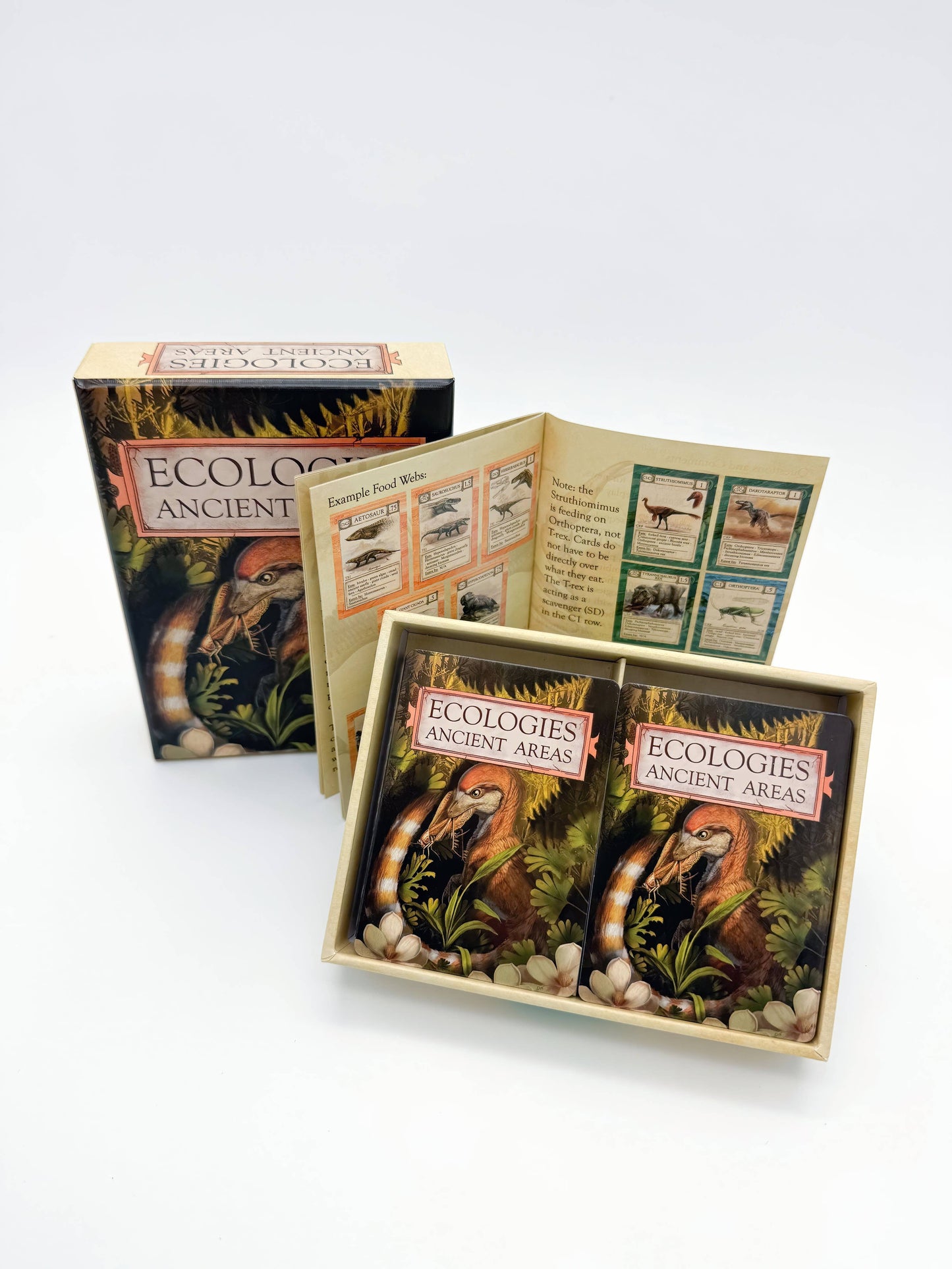 Ecologies: Ancient Areas board game set, featuring illustrated cards with dinosaurs and eggs, an open booklet with cards and game information, and a box displaying matching artwork. Explore extinct ecosystems as you play this ancient food web game.