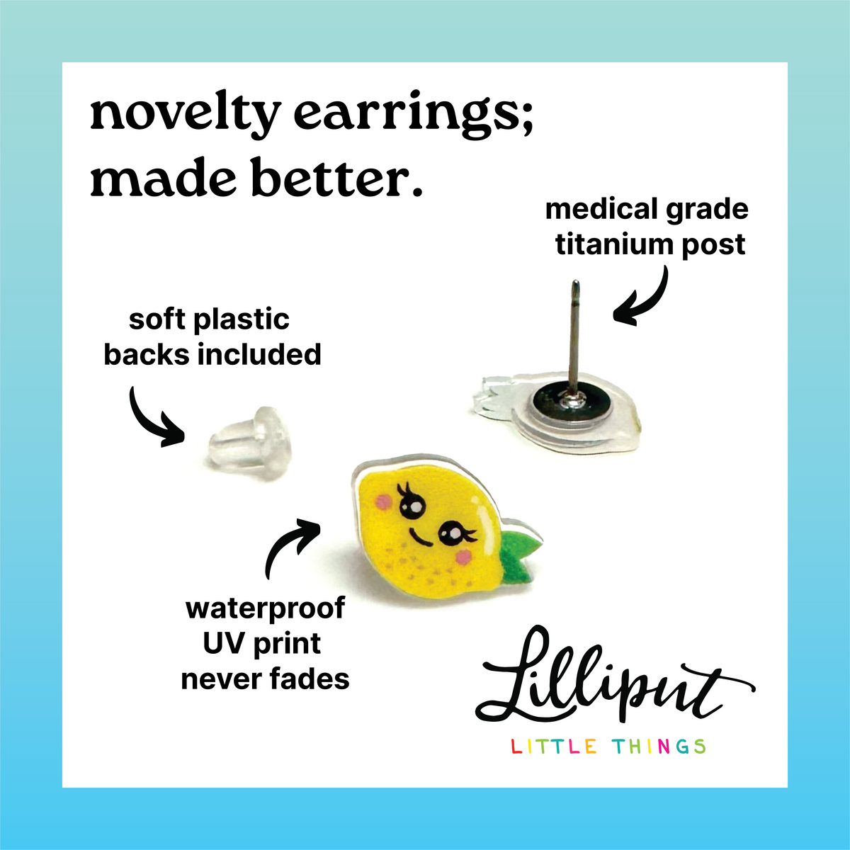 A pair of graduation cap novelty earrings is shown. Text highlights their medical grade titanium post, soft plastic backs, and waterproof UV print—making these hypoallergenic earrings perfect for sensitive ears. The brand Lilliput Little Things is displayed at the bottom.
