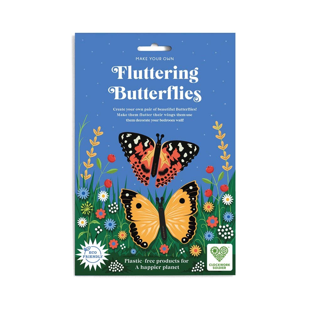 A blue package labeled "Create Your Own Fluttering Butterflies" shows two colorful butterflies and wildflowers. The eco-friendly, plastic-free kit lets kids DIY flying butterfly crafts for creative, hands-on fun.