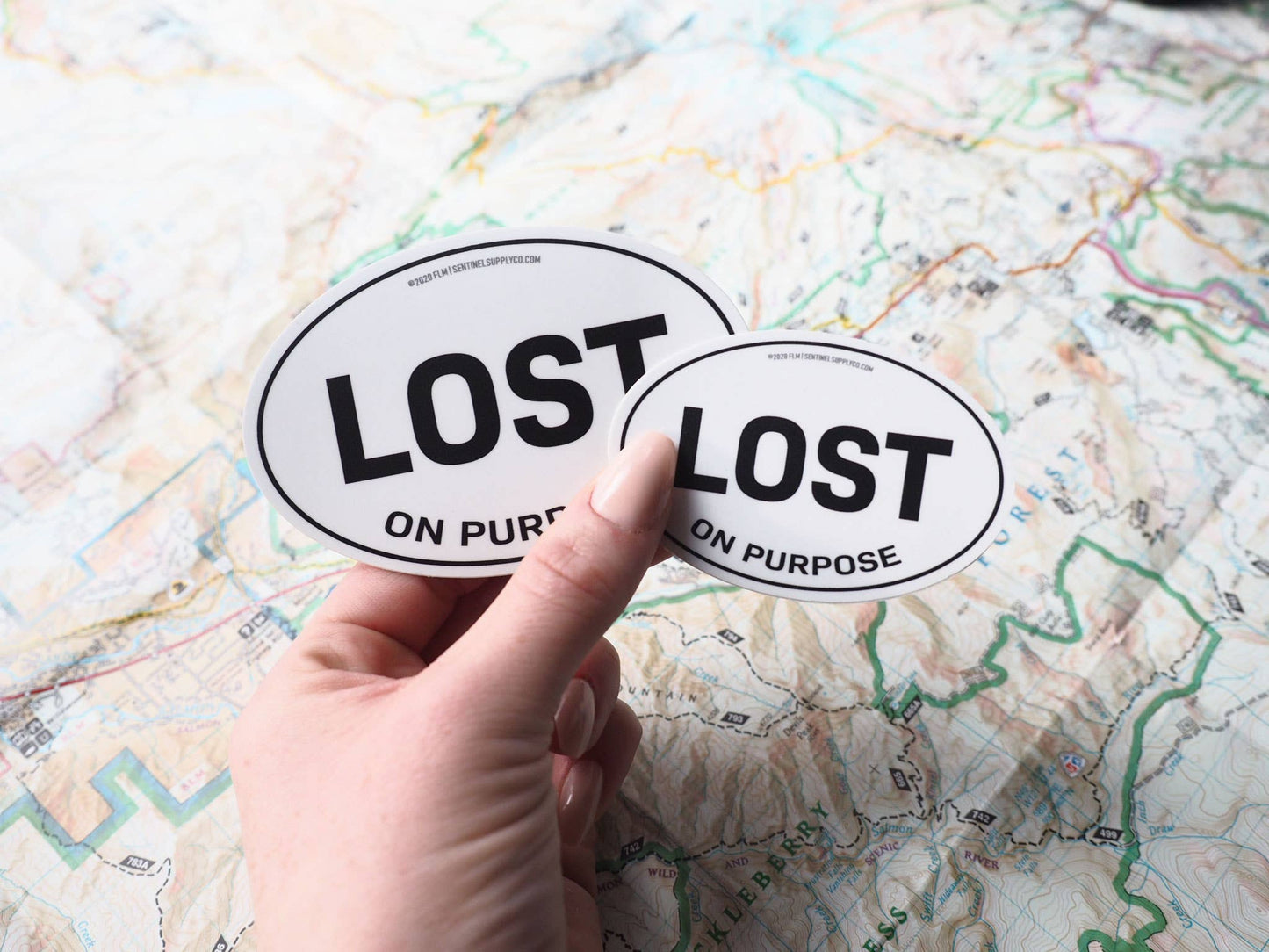 Lost on Purpose Oval Bumper Sticker, Outdoor Adventure Decal