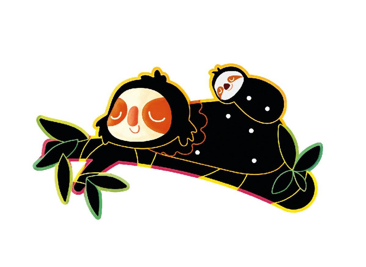 A cute, stylized illustration of two sloths with orange cheeks—one large, one small—resting on a leafy branch. Great for inspiring your next Scratch Art with Stem SLOTHS project or kids activity set. White background.