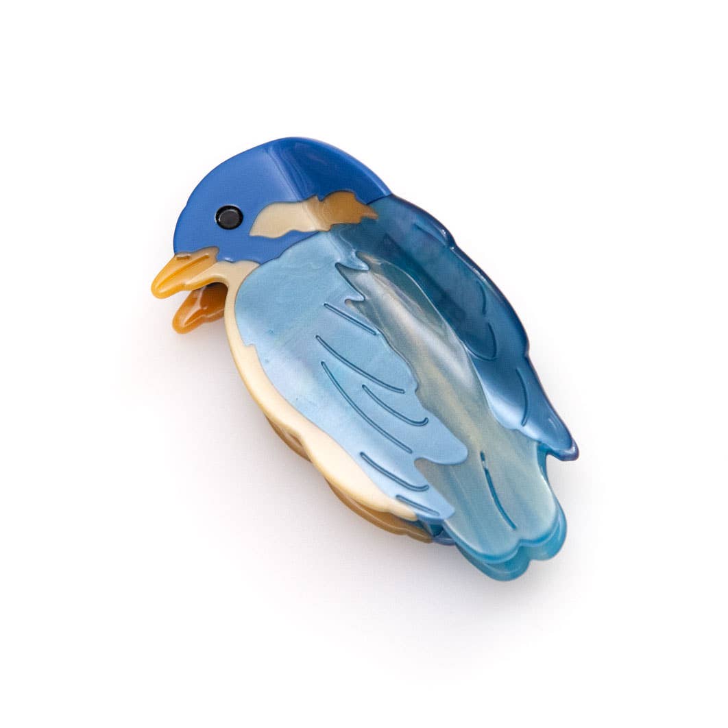 A Blue Bird Hair Claw Clip shaped like a blue bird with a yellow beak.