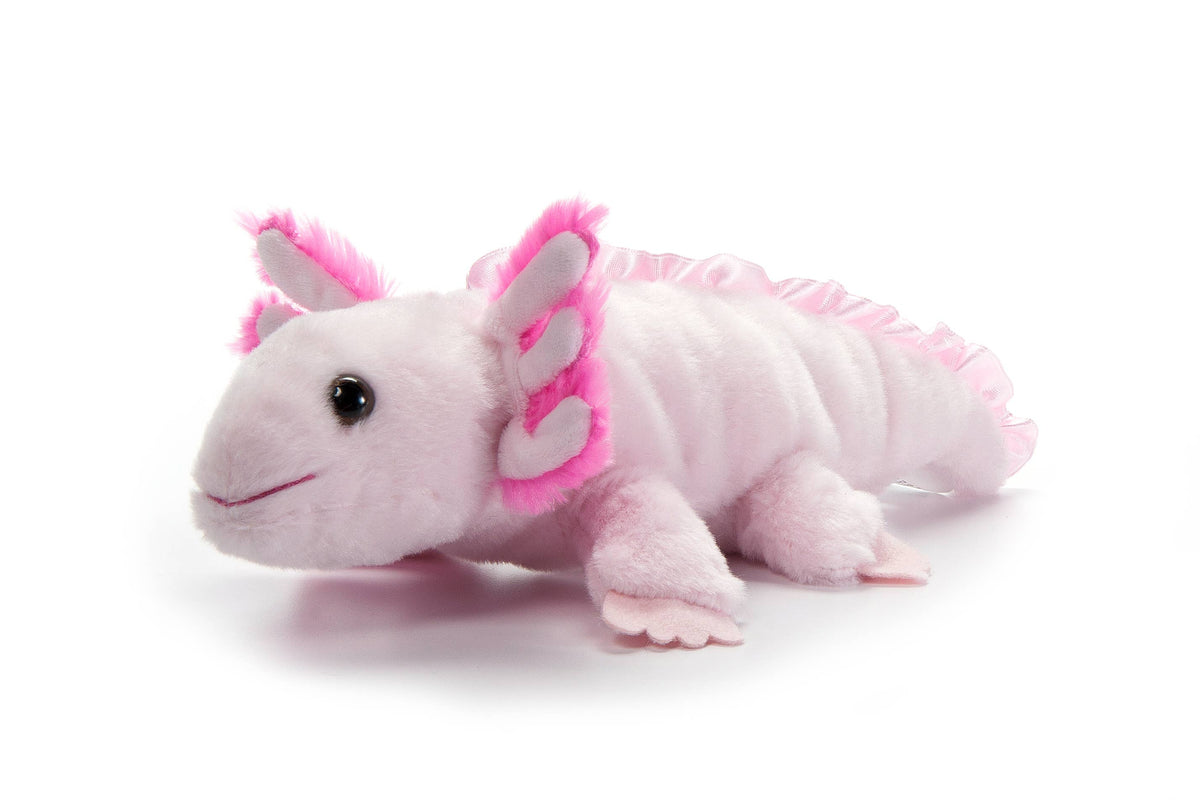 Meet the Scoopz Axolotl Small 8″ (24cm) plushie—a charming stuffed animal featuring a light pink body with darker pink accents on its frilly gills, perfectly capturing the unique appeal of a real axolotl. Shown on a white background, this adorable Scoopz Axolotl is sure to delight fans of cuddly and distinctive creatures.