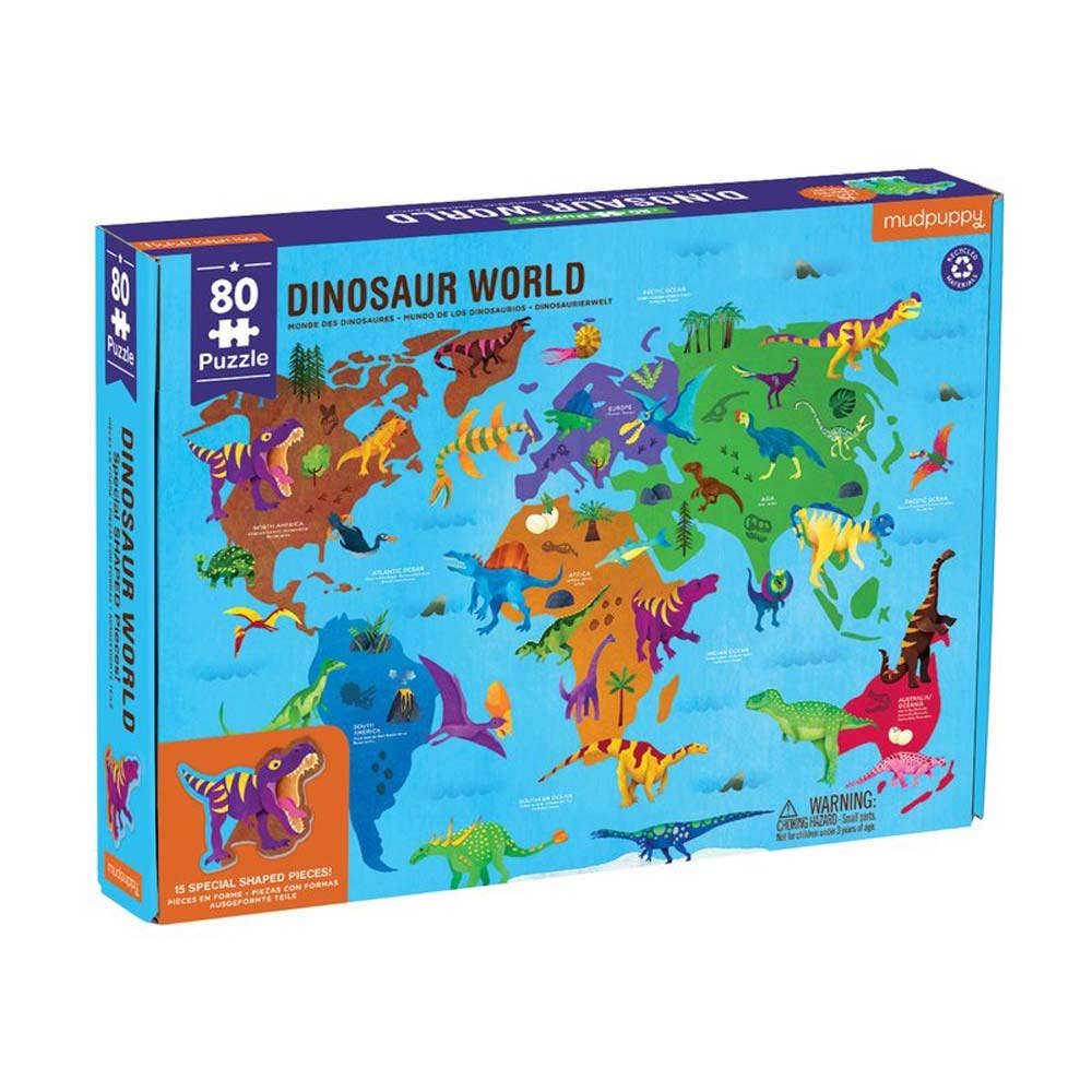 The Dinosaur World Geography Puzzle is an 80-piece box with illustrated dinosaurs on a world map, featuring bold text and playful art; this educational Mudpuppy toy is perfect for children ages 5 and up.