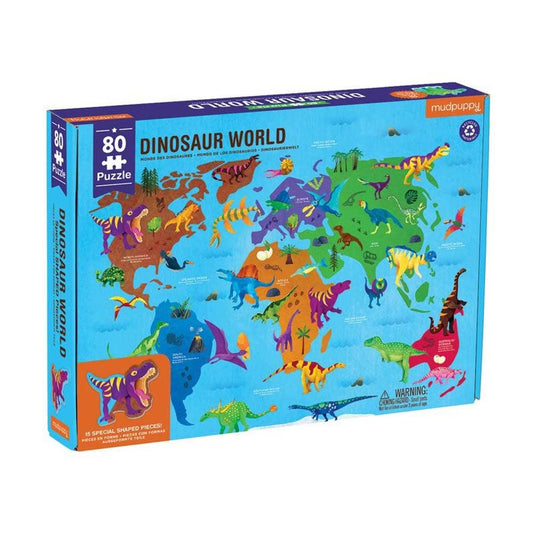 The Dinosaur World Geography Puzzle is an 80-piece box with illustrated dinosaurs on a world map, featuring bold text and playful art; this educational Mudpuppy toy is perfect for children ages 5 and up.