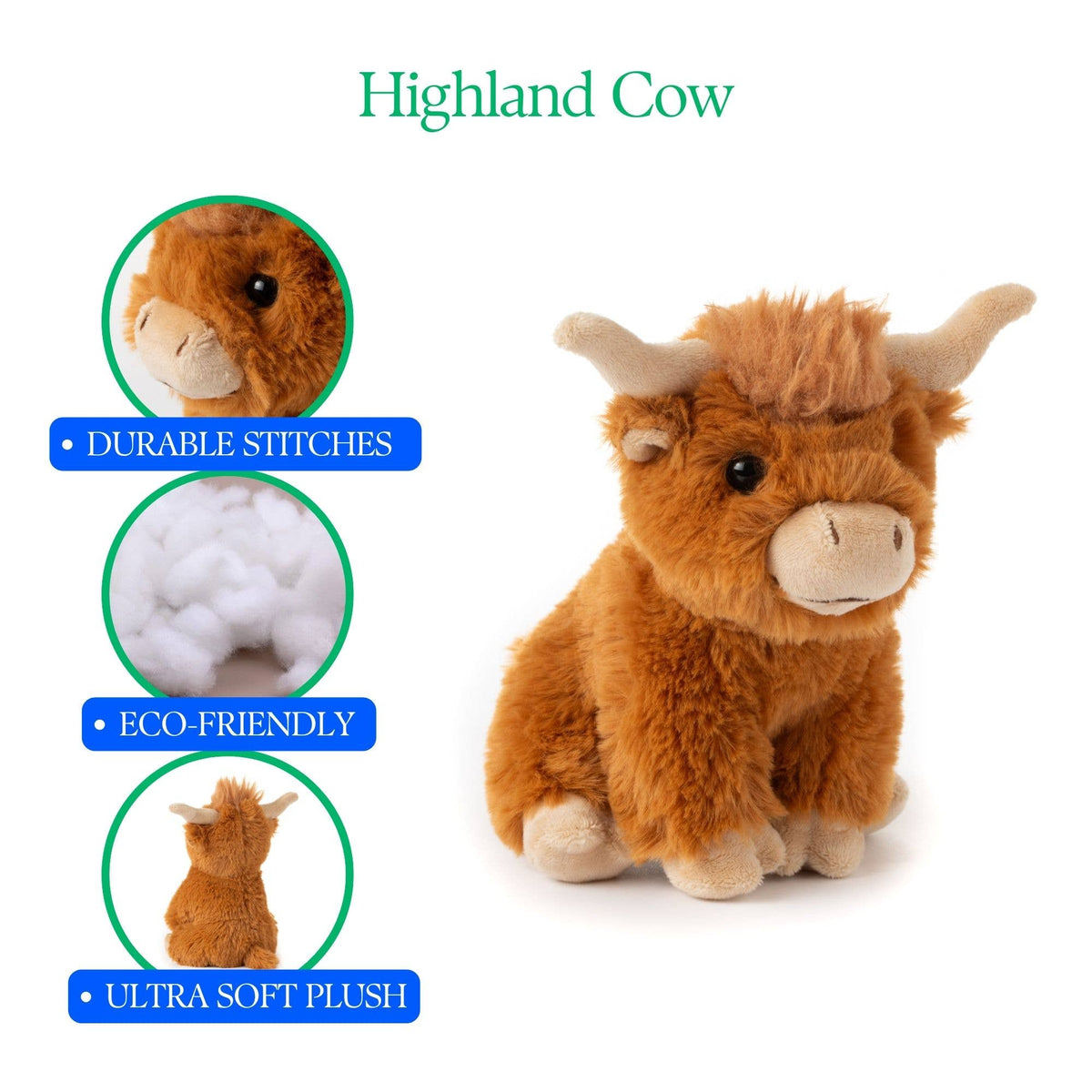 Wild Onez Highland Cow 6″ (15cm) plush toy featuring beige horns and hooves. Insets highlight the careful stitching, soft stuffing, and back details. Text reads: durable stitches, eco-friendly materials, ultra soft plush. Ideal as a highland cow stuffed animal or charming farmhouse nursery decor, this irresistibly cute sensory toy brings comfort and personality to any space.