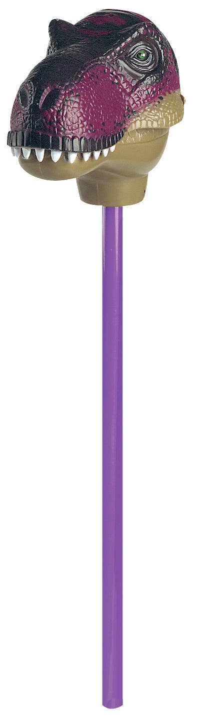 A purple pencil with a dinosaur head topper featuring a purple and tan T. rex with white teeth and a green eye, inspired by the Pincher T-Rex Purple 18″ toy.