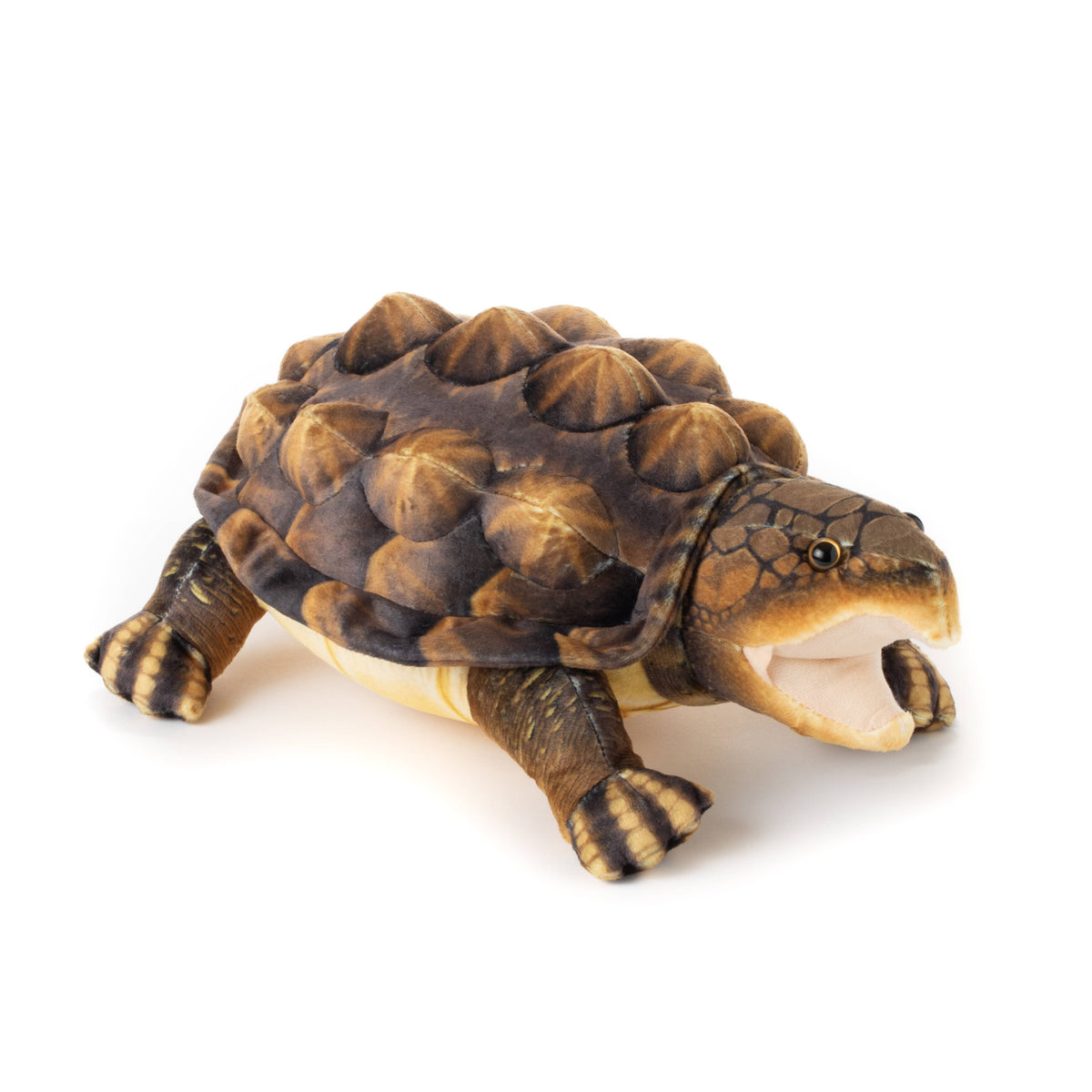 Bring the charm of an alligator snapping turtle into your home with the Wild Onez Snapping Turtle 15″ (38cm). Featuring a textured brown shell and an open mouth, this realistic plush is perfect for swamp-themed nursery decor. Posed on a white background, it offers a soft, huggable form that captures the unique appeal of this fascinating creature.