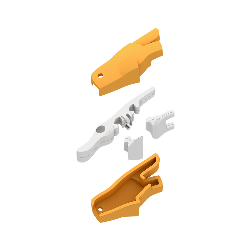 Exploded view of PLATYPUS, a small mechanical assembly with orange outer shell pieces and white internal components, displayed on a white background.