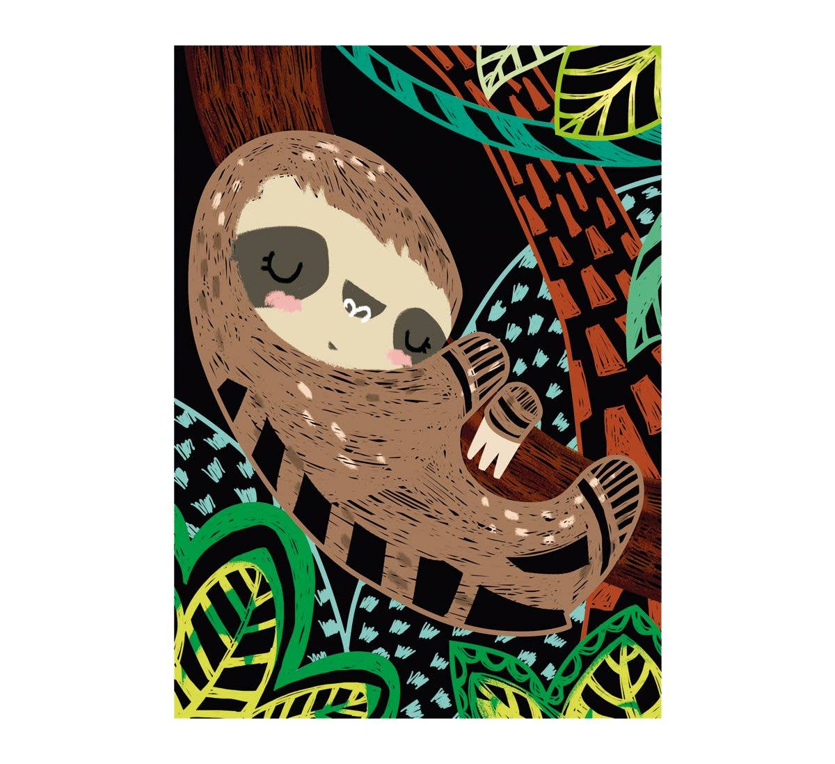 An illustration of a cute sloth with closed eyes, hanging on a tree branch amid colorful green, yellow, and orange jungle leaves—perfect for the Scratch Art 4 MAGIC ANIMALS rainbow scratch paper or 3D animal craft project.