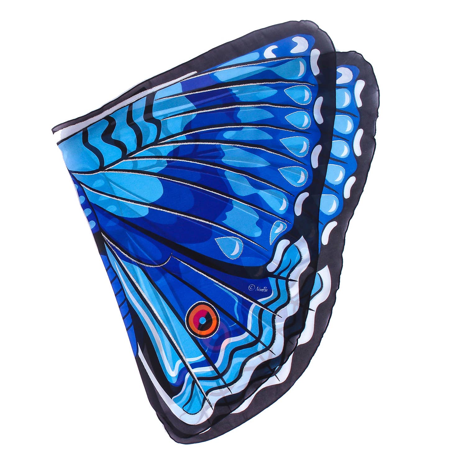 The Natural Butterfly & Moth Wings: Buckeye Bfly feature large, vibrant blue wings with black, white, and light blue patterns plus a red and yellow eye spot near the bottom—ideal for imaginative play—shown on a white background.