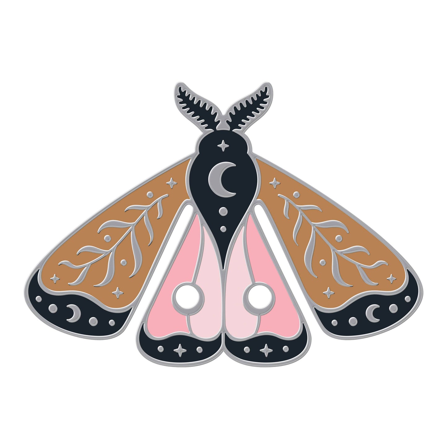 Yellow, navy, pink, and silver celestial-themed moth bookmark.