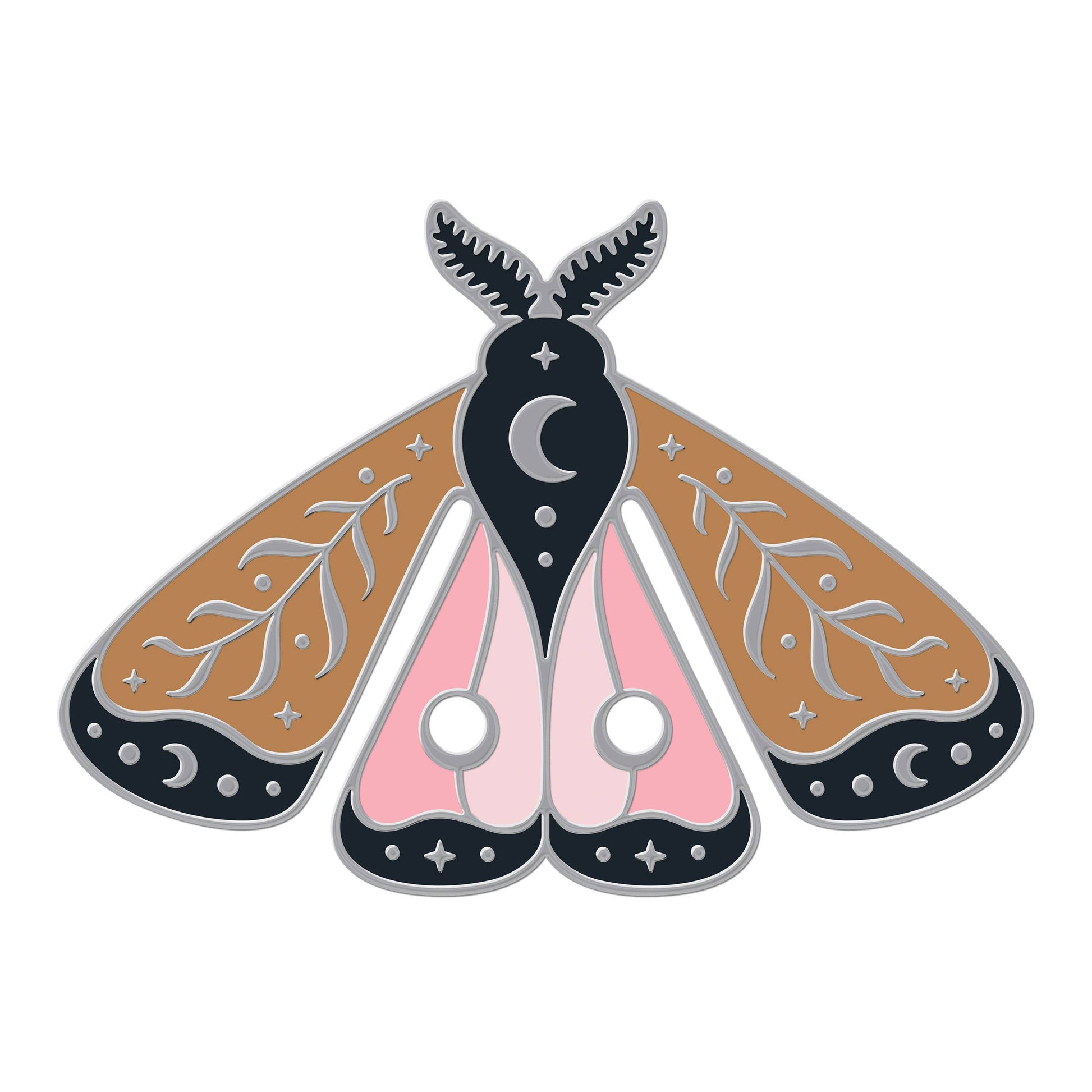 Yellow, navy, pink, and silver celestial-themed moth bookmark.